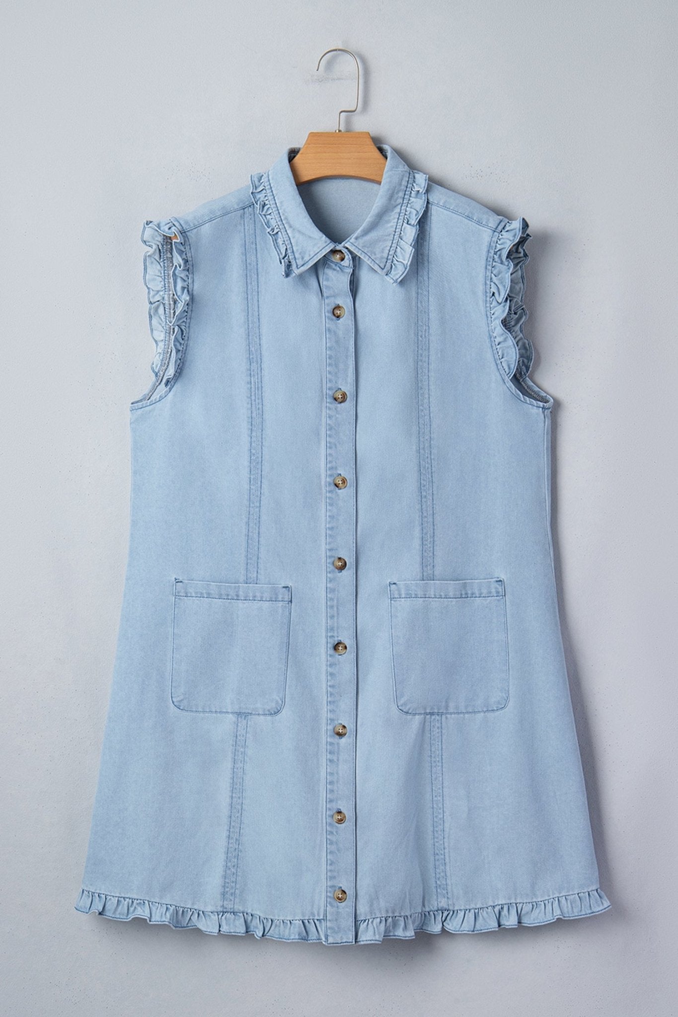 Denim Ruffle Edge Collared Button Up Dress - Rooted & Reckless Co.