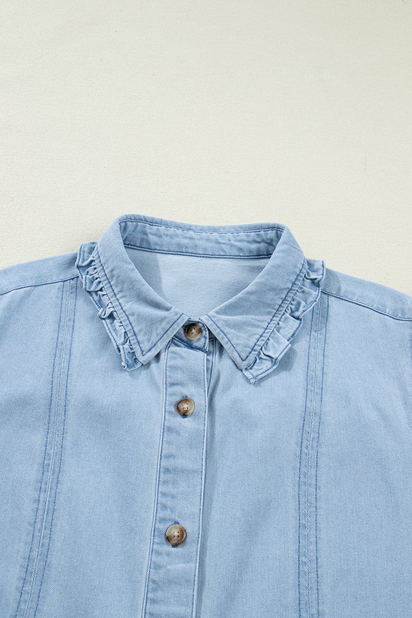 Denim Ruffle Edge Collared Button Up Dress - Rooted & Reckless Co.