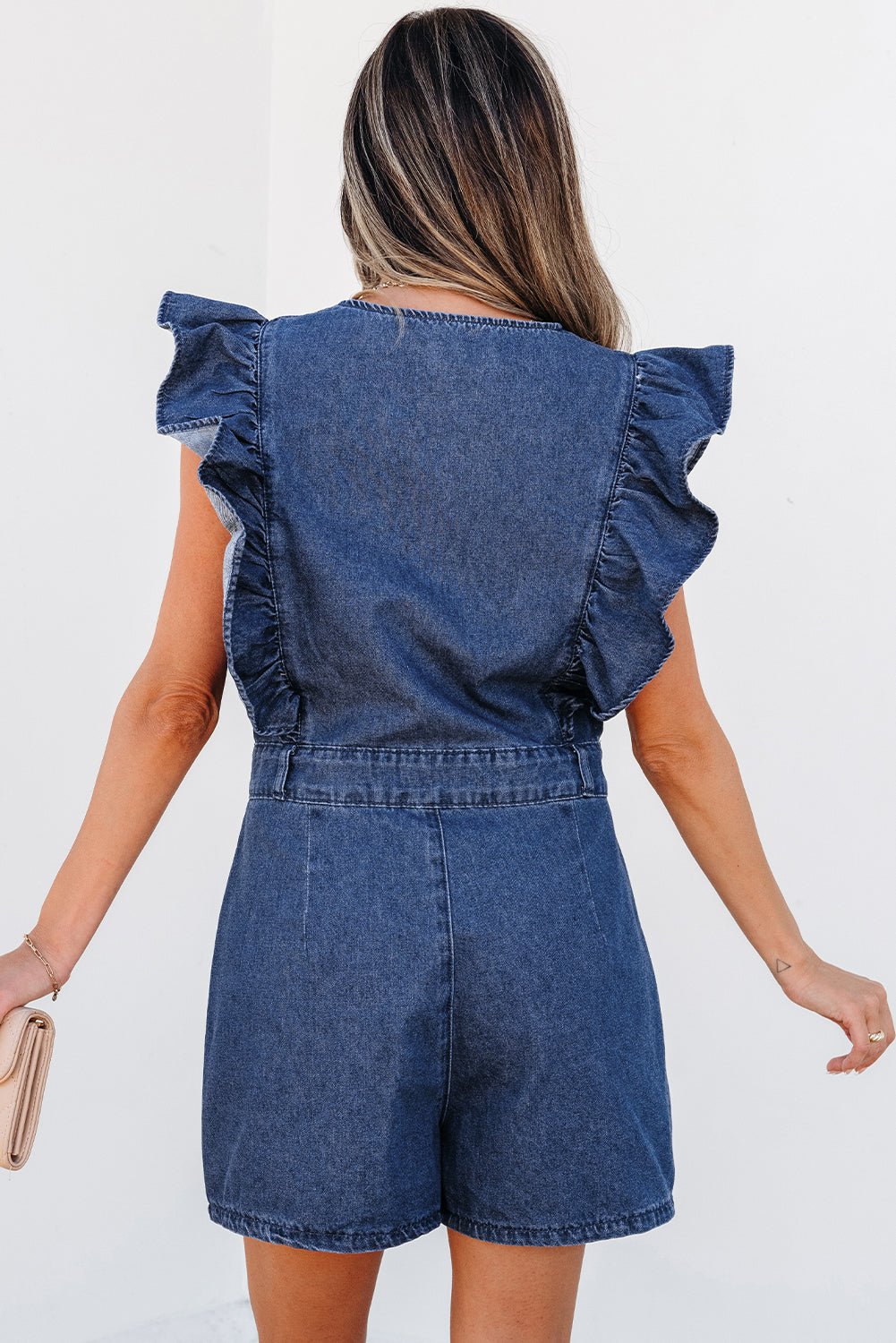 Denim Ruffle Sleeve Zip Front Belted Romper - Rooted & Reckless Co.