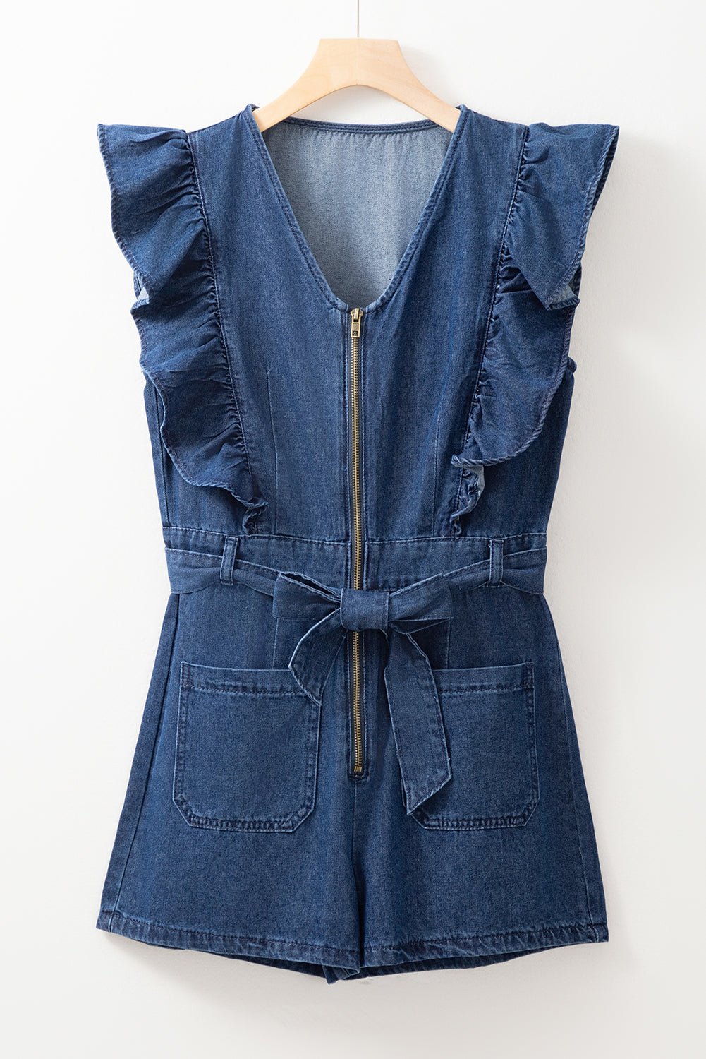 Denim Ruffle Sleeve Zip Front Belted Romper - Rooted & Reckless Co.