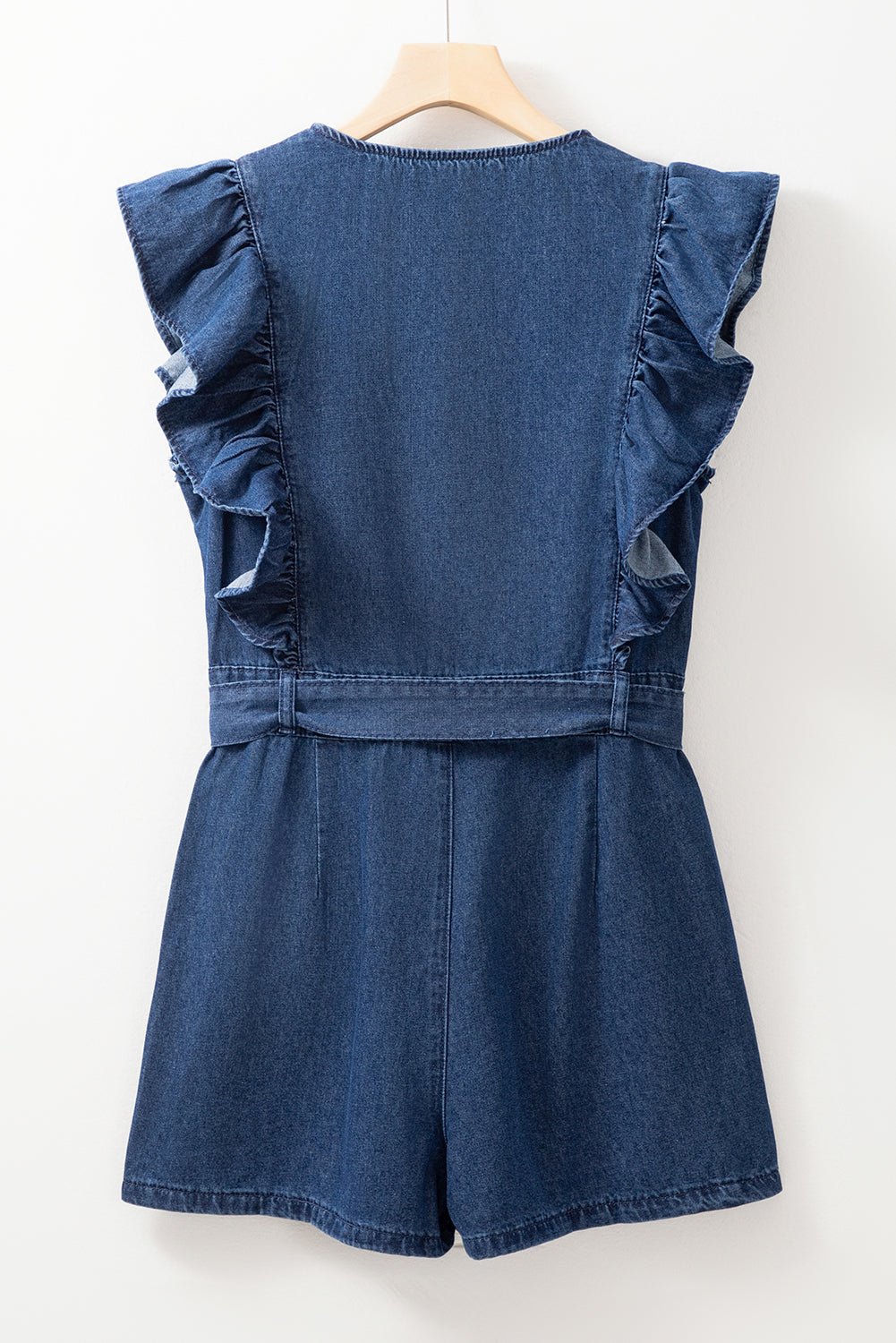 Denim Ruffle Sleeve Zip Front Belted Romper - Rooted & Reckless Co.