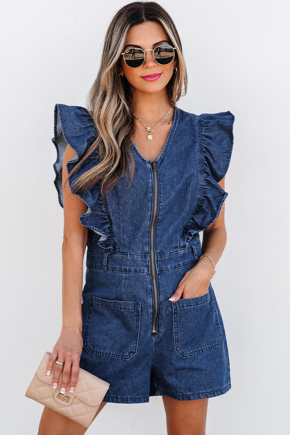 Denim Ruffle Sleeve Zip Front Belted Romper - Rooted & Reckless Co.