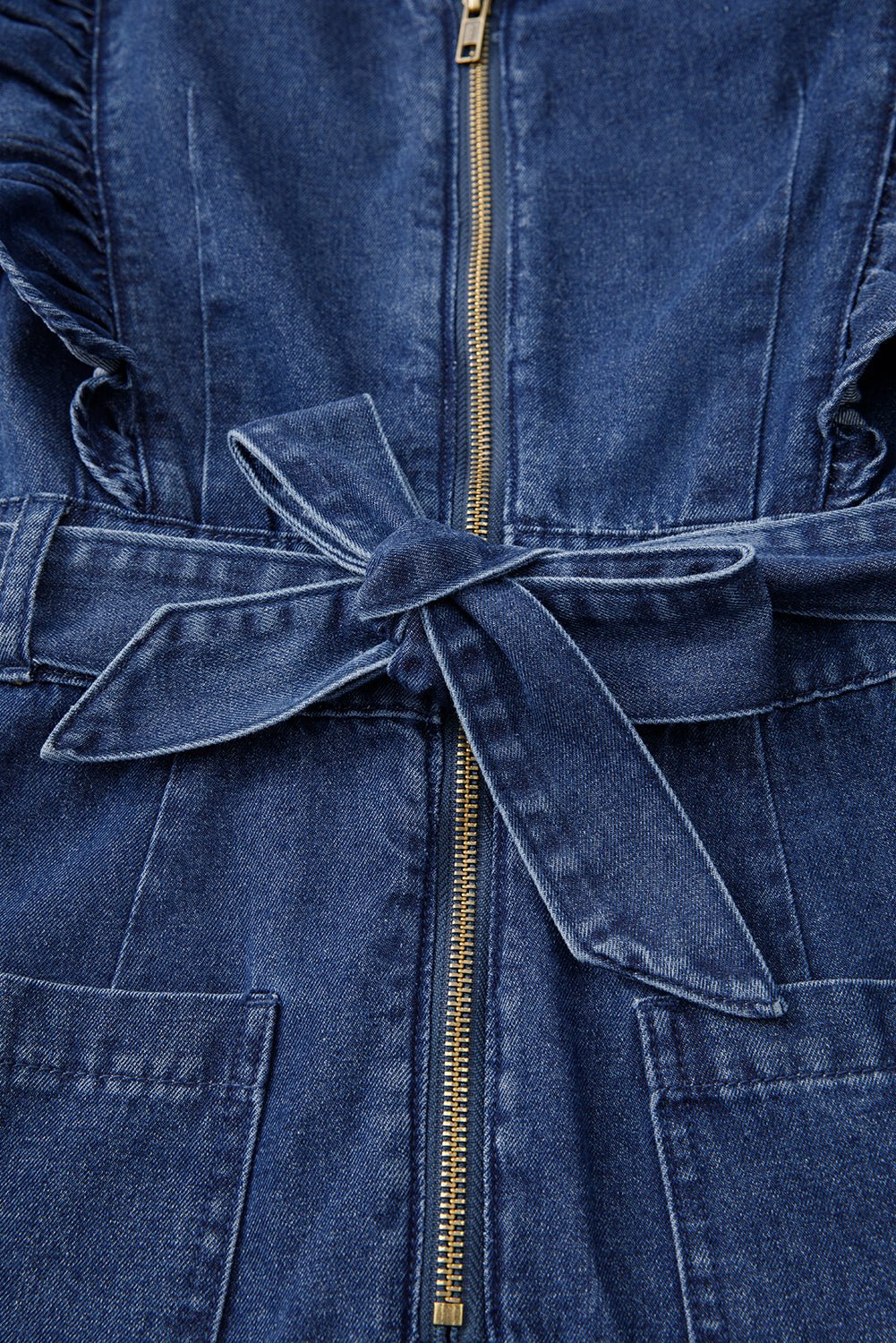 Denim Ruffle Sleeve Zip Front Belted Romper - Rooted & Reckless Co.