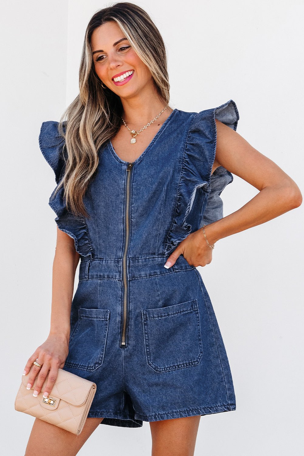 Denim Ruffle Sleeve Zip Front Belted Romper - Rooted & Reckless Co.