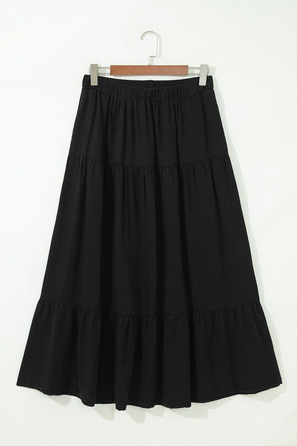 Denim Ruffle Tiered Flared Maxi Skirt - Rooted & Reckless Co.
