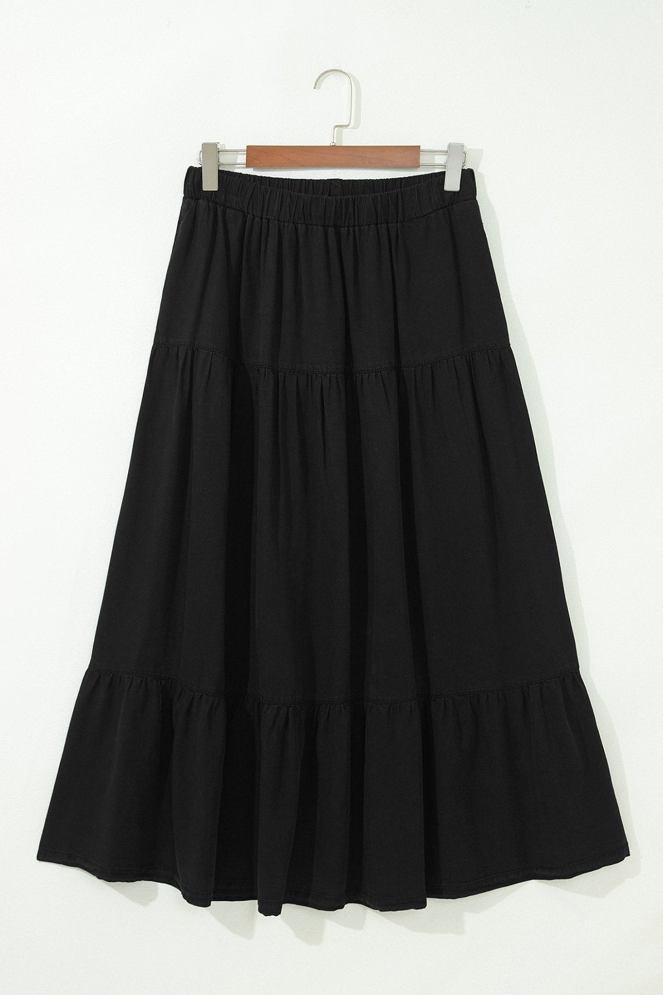 Denim Ruffle Tiered Flared Maxi Skirt - Rooted & Reckless Co.