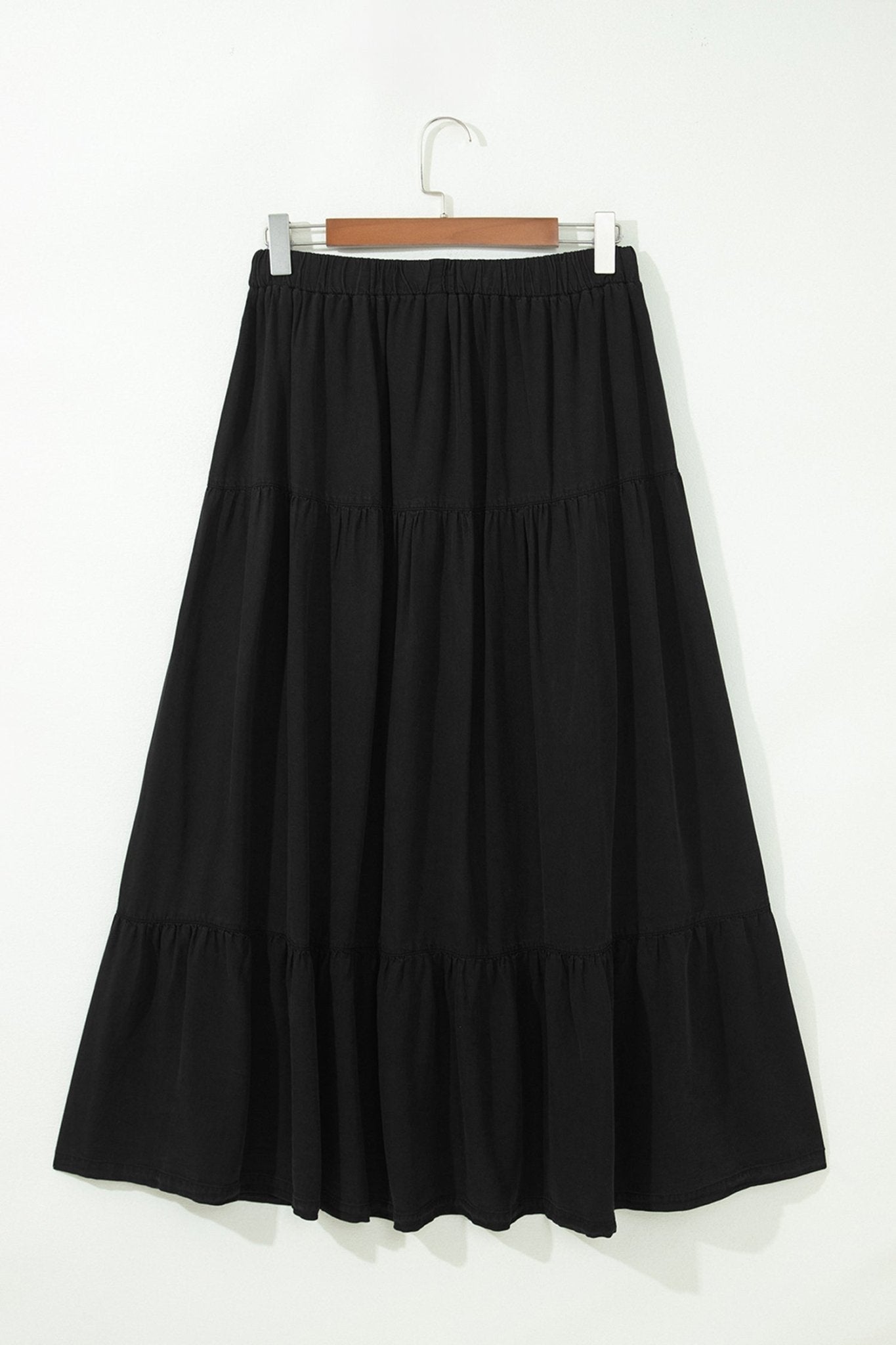 Denim Ruffle Tiered Flared Maxi Skirt - Rooted & Reckless Co.
