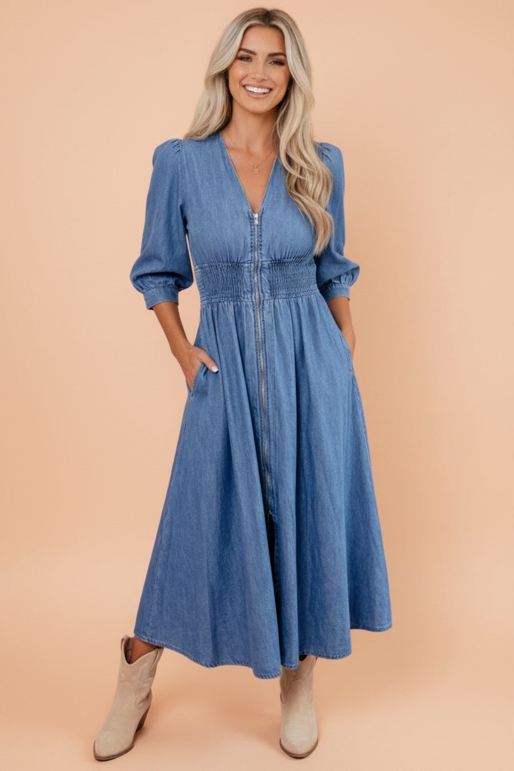 Denim Shirred Waist Zip-Up V-Neck Midi Dress - Rooted & Reckless Co.