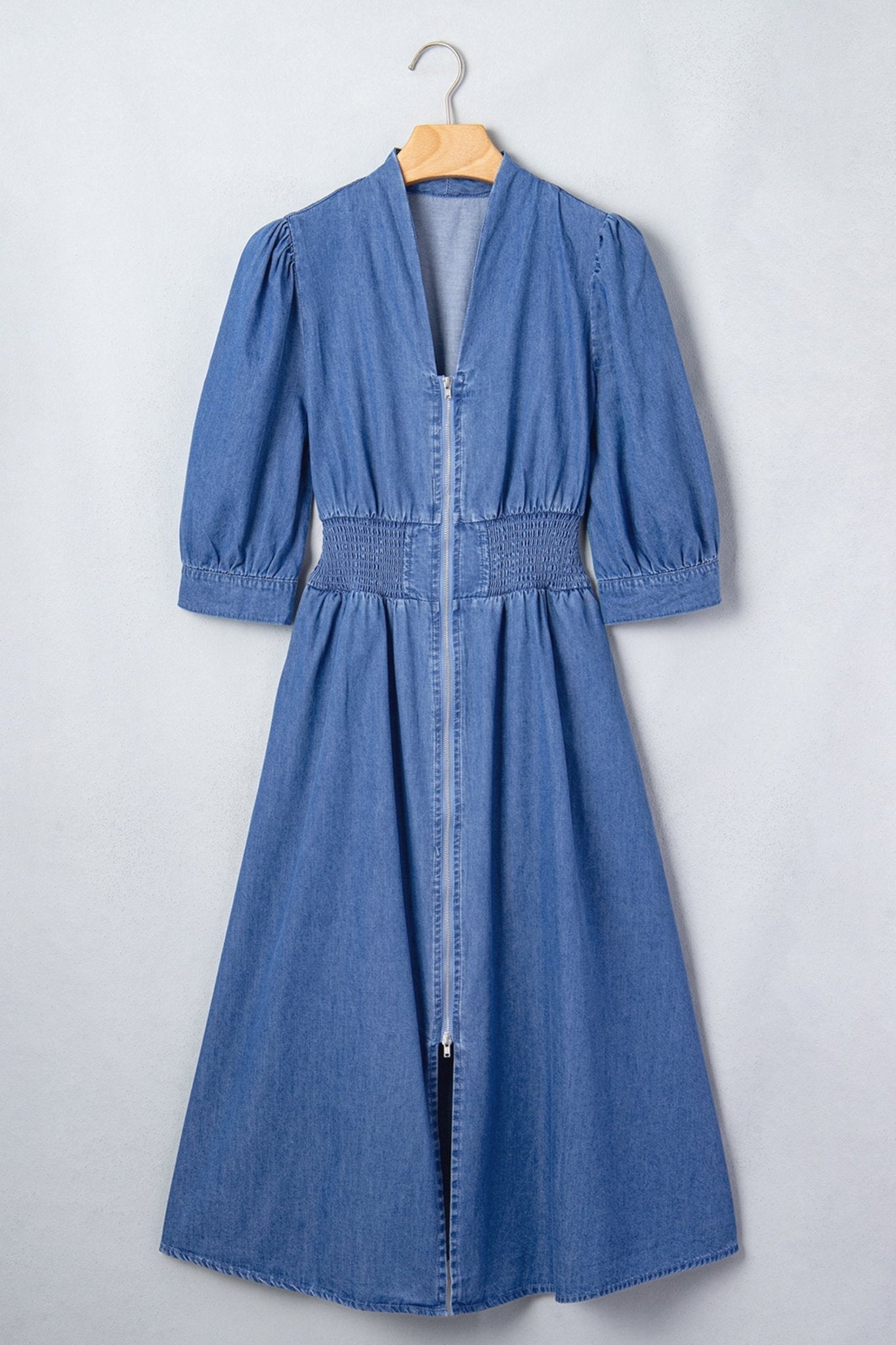 Denim Shirred Waist Zip-Up V-Neck Midi Dress - Rooted & Reckless Co.