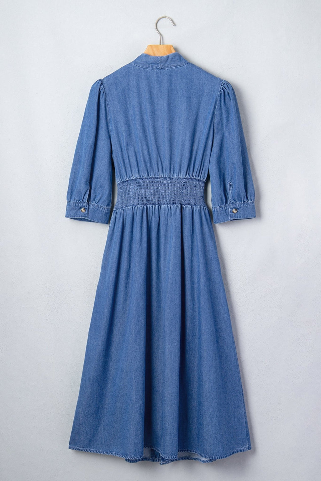 Denim Shirred Waist Zip-Up V-Neck Midi Dress - Rooted & Reckless Co.