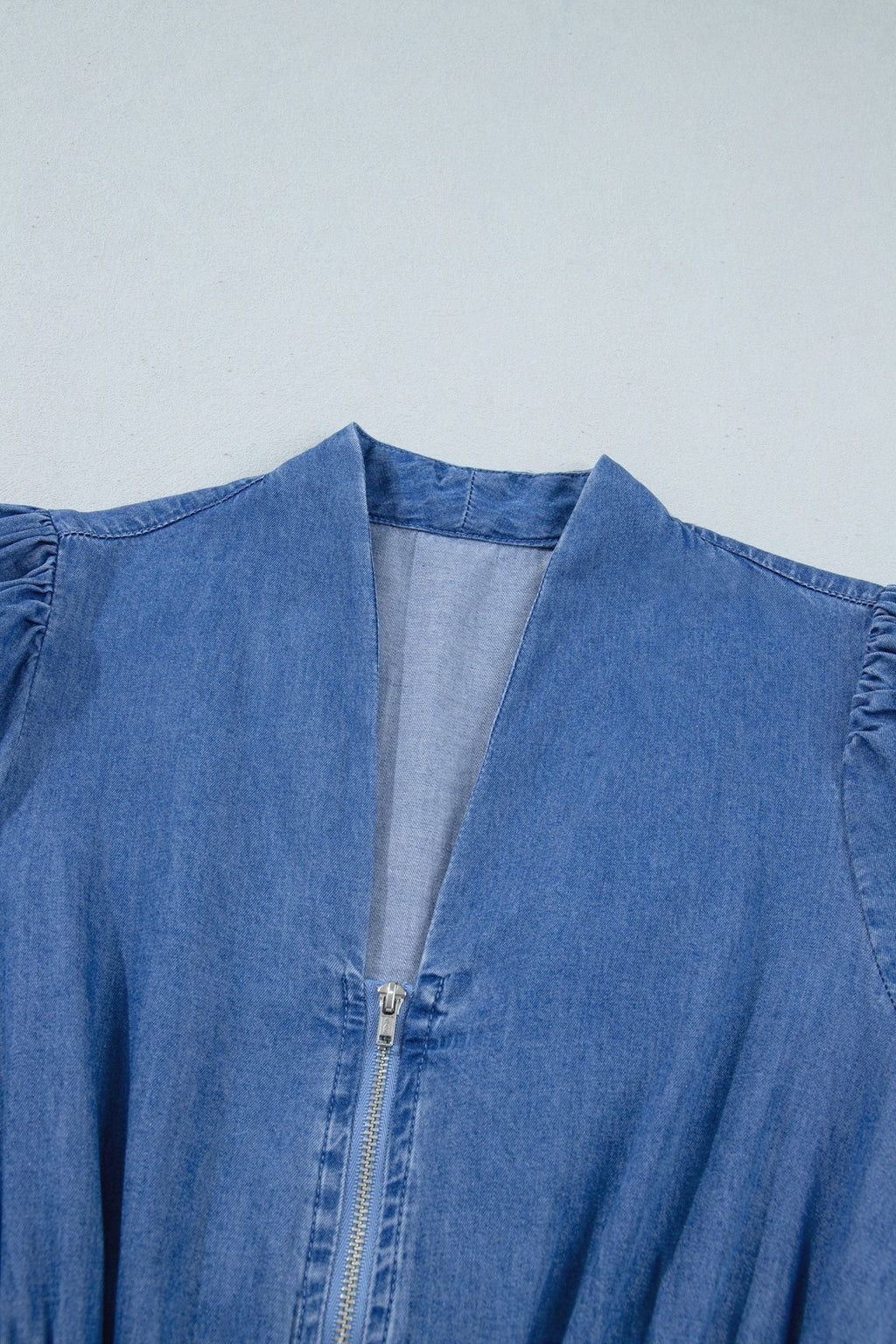 Denim Shirred Waist Zip-Up V-Neck Midi Dress - Rooted & Reckless Co.