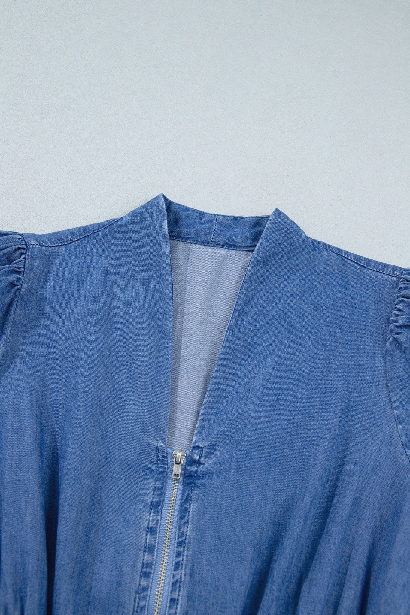 Denim Shirred Waist Zip-Up V-Neck Midi Dress - Rooted & Reckless Co.