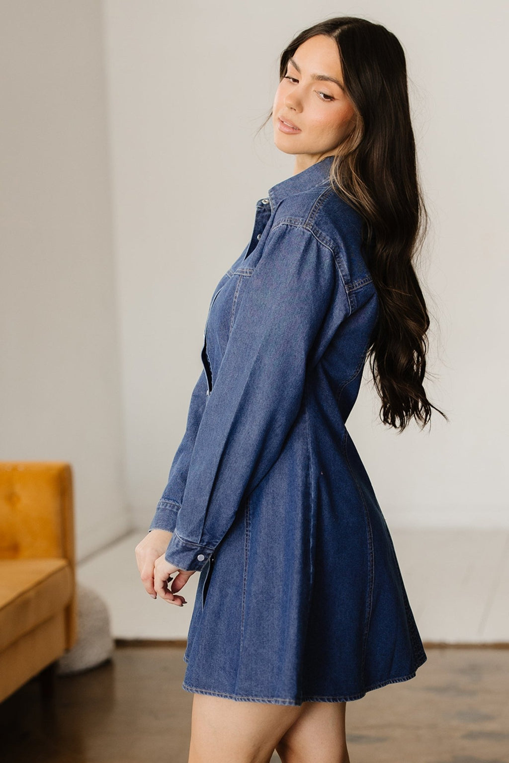 Denim Shirt Collar Long Sleeve Mini Dress - Rooted & Reckless Co.