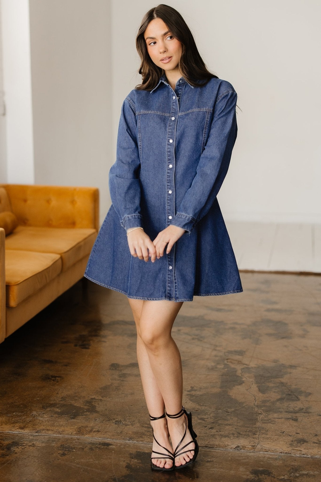 Denim Shirt Collar Long Sleeve Mini Dress - Rooted & Reckless Co.