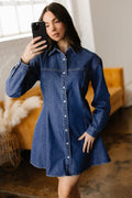 Denim Shirt Collar Long Sleeve Mini Dress - Rooted & Reckless Co.