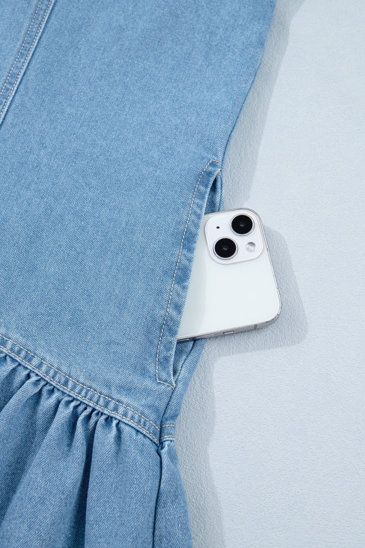 Denim Short Puff Sleeve Ruffle Hem Buttoned Dress - Rooted & Reckless Co.