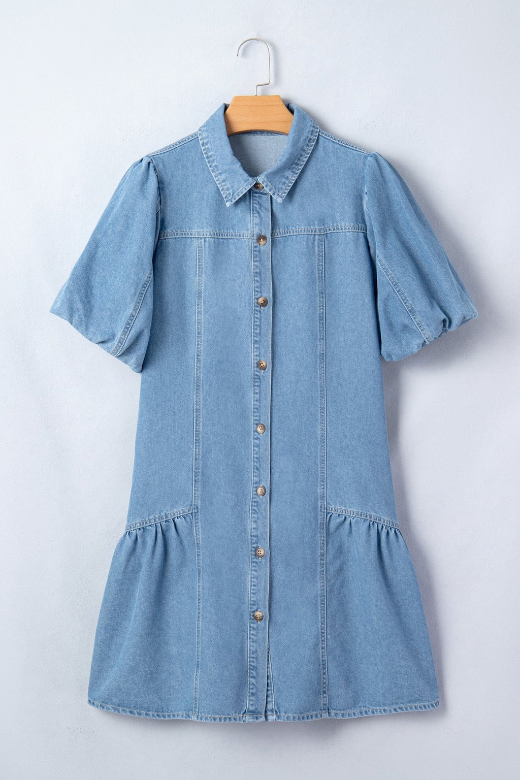 Denim Short Puff Sleeve Ruffle Hem Buttoned Dress - Rooted & Reckless Co.