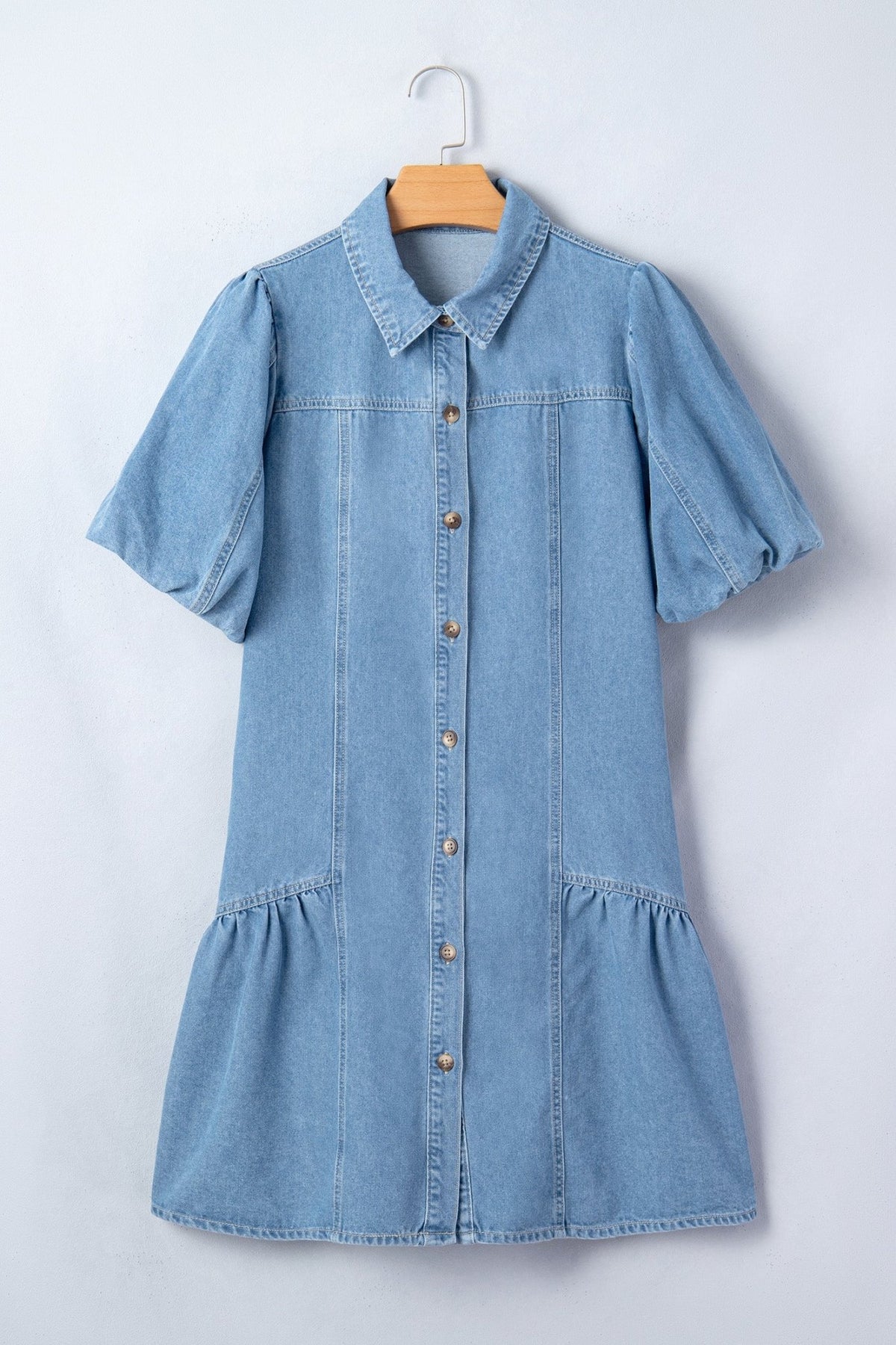 Denim Short Puff Sleeve Ruffle Hem Buttoned Dress - Rooted & Reckless Co.
