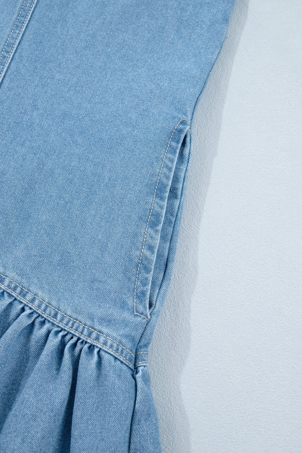 Denim Short Puff Sleeve Ruffle Hem Buttoned Dress - Rooted & Reckless Co.
