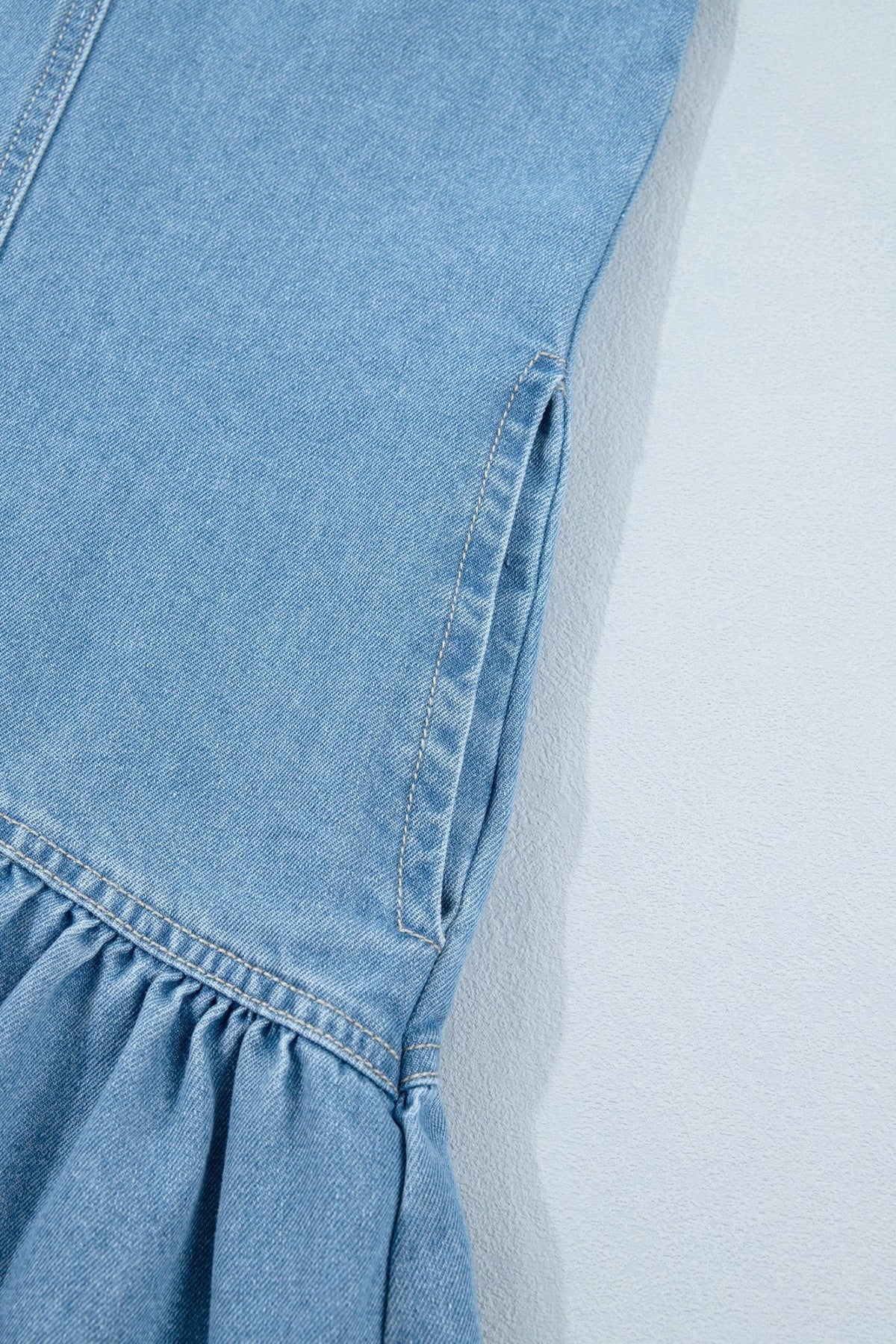 Denim Short Puff Sleeve Ruffle Hem Buttoned Dress - Rooted & Reckless Co.