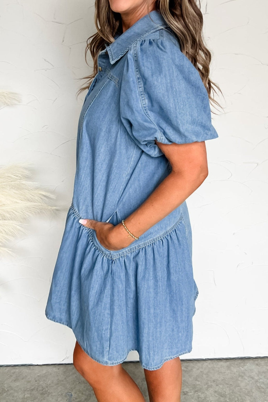 Denim Short Puff Sleeve Ruffle Hem Buttoned Dress - Rooted & Reckless Co.