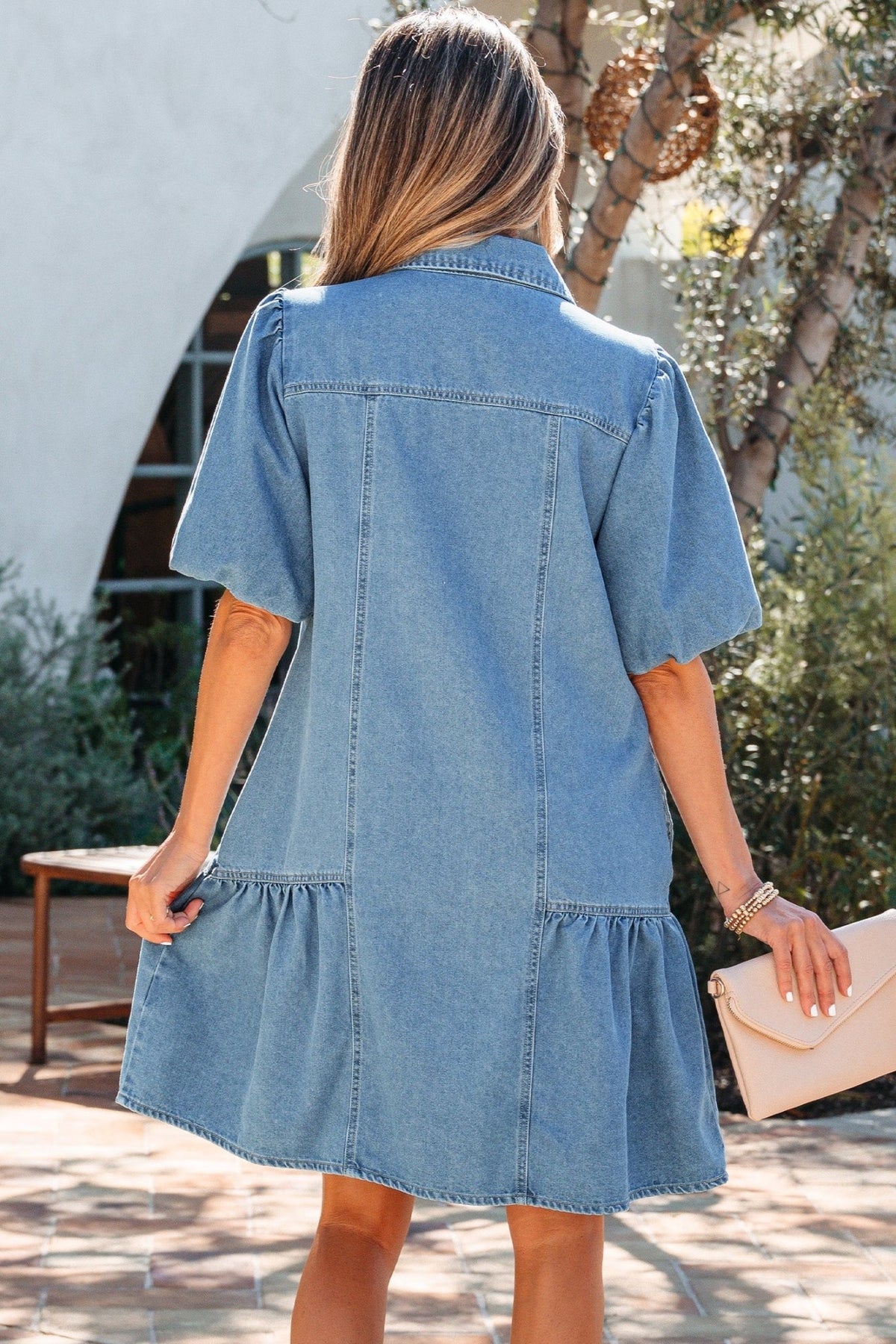 Denim Short Puff Sleeve Ruffle Hem Buttoned Dress - Rooted & Reckless Co.