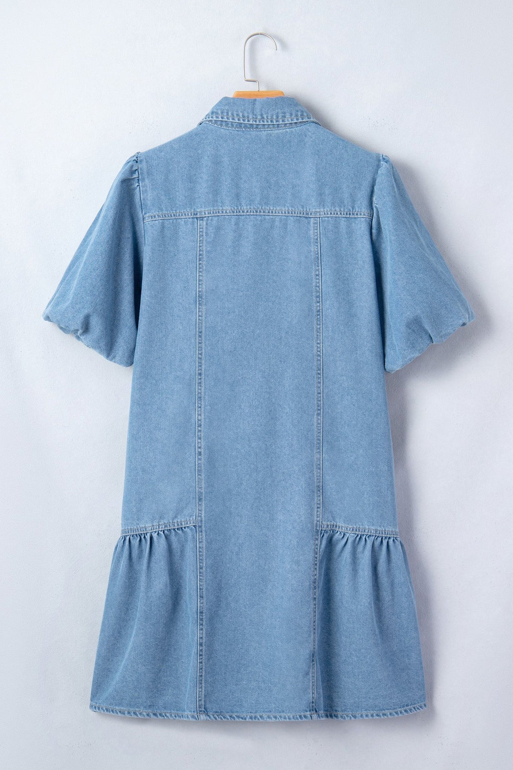 Denim Short Puff Sleeve Ruffle Hem Buttoned Dress - Rooted & Reckless Co.