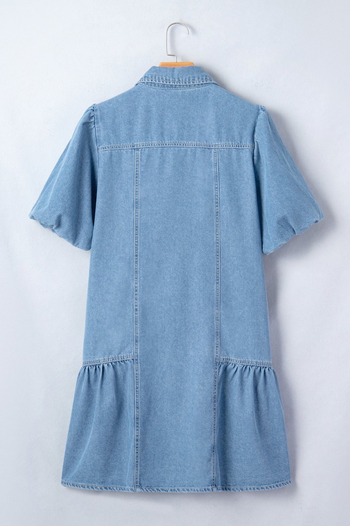 Denim Short Puff Sleeve Ruffle Hem Buttoned Dress - Rooted & Reckless Co.
