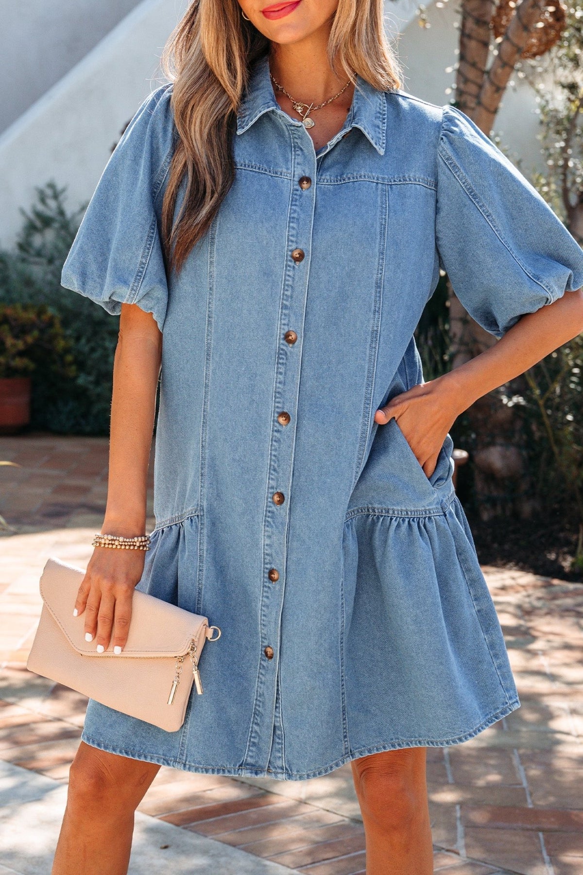 Denim Short Puff Sleeve Ruffle Hem Buttoned Dress - Rooted & Reckless Co.
