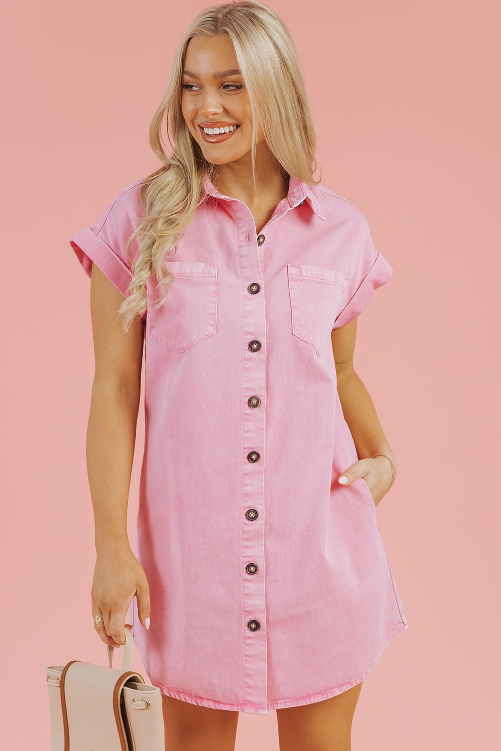 Denim Short Sleeve Double Chest Pocket Shirt Dress - Rooted & Reckless Co.