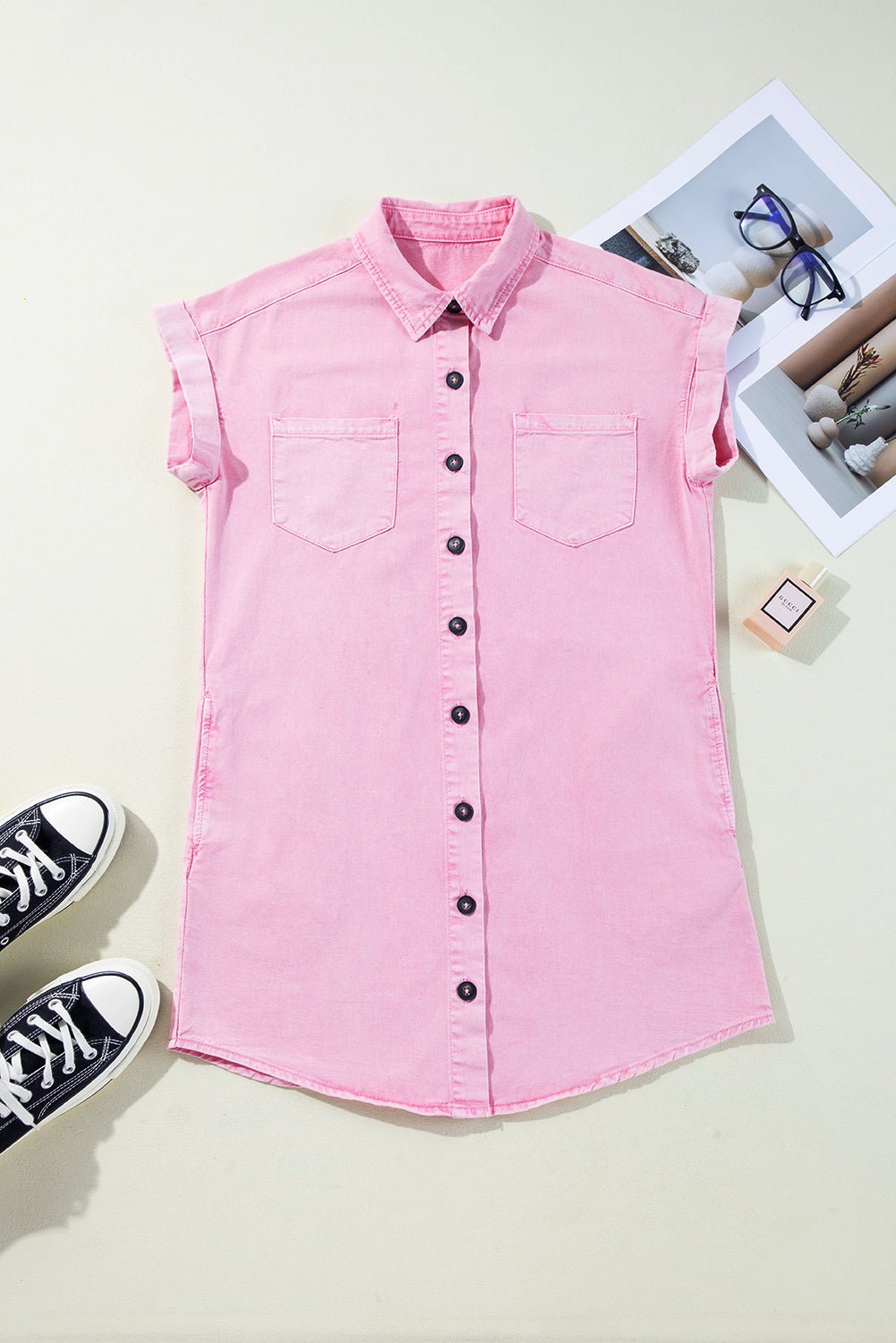 Denim Short Sleeve Double Chest Pocket Shirt Dress - Rooted & Reckless Co.