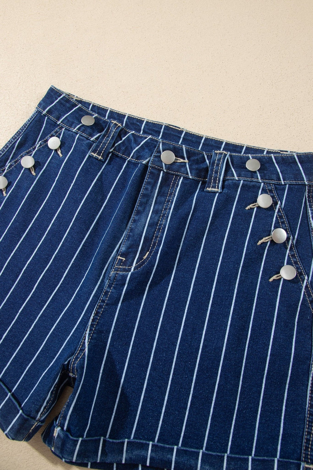 Denim Stripe Metal Button Detail Shorts - Rooted & Reckless Co.