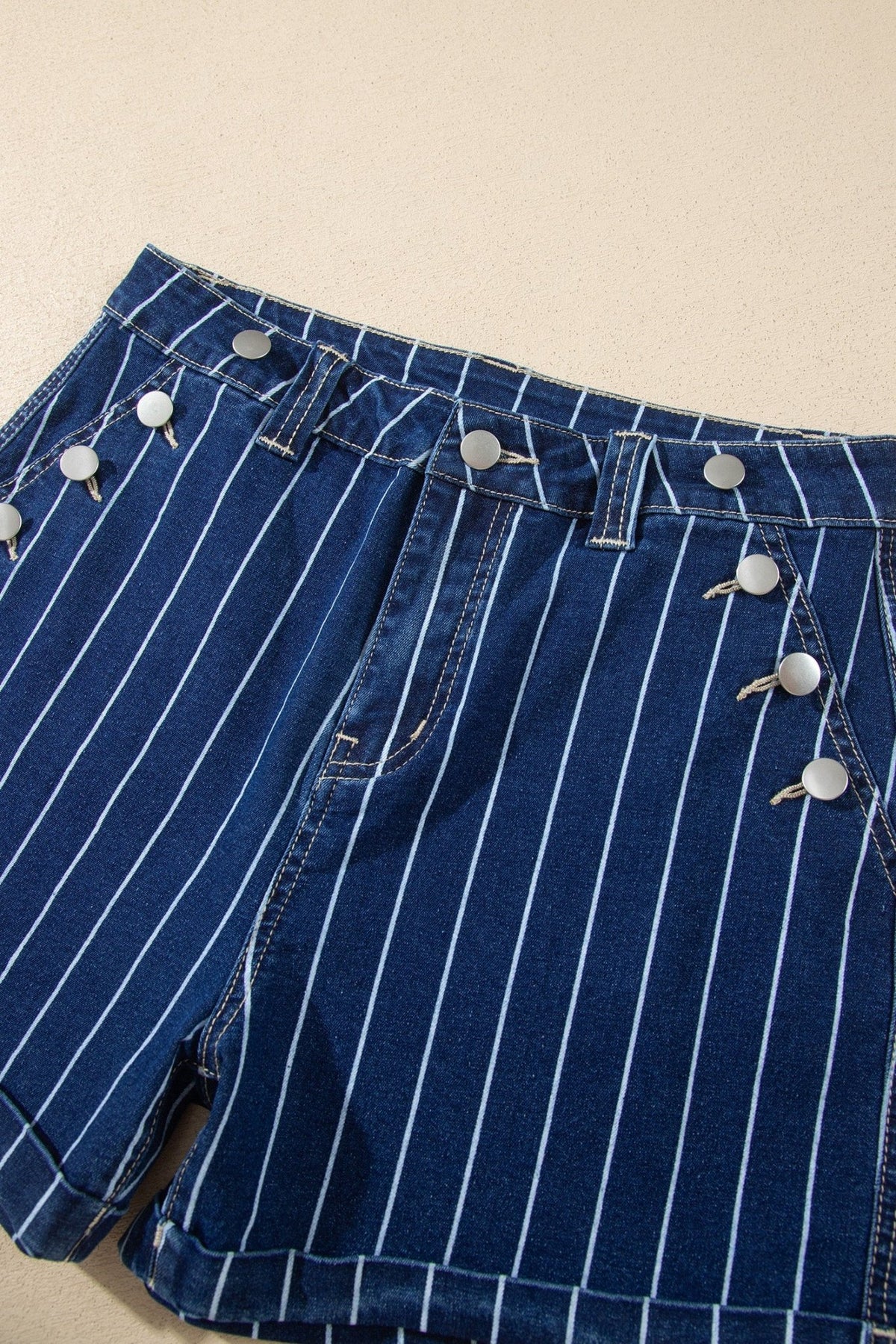 Denim Stripe Metal Button Detail Shorts - Rooted & Reckless Co.