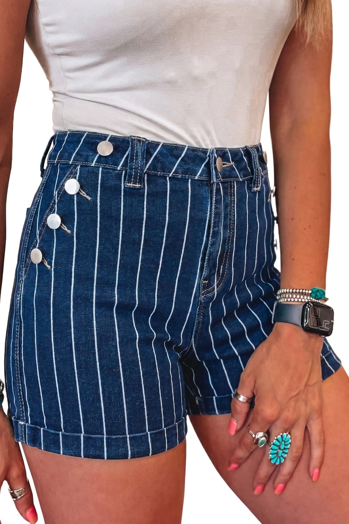 Denim Stripe Metal Button Detail Shorts - Rooted & Reckless Co.