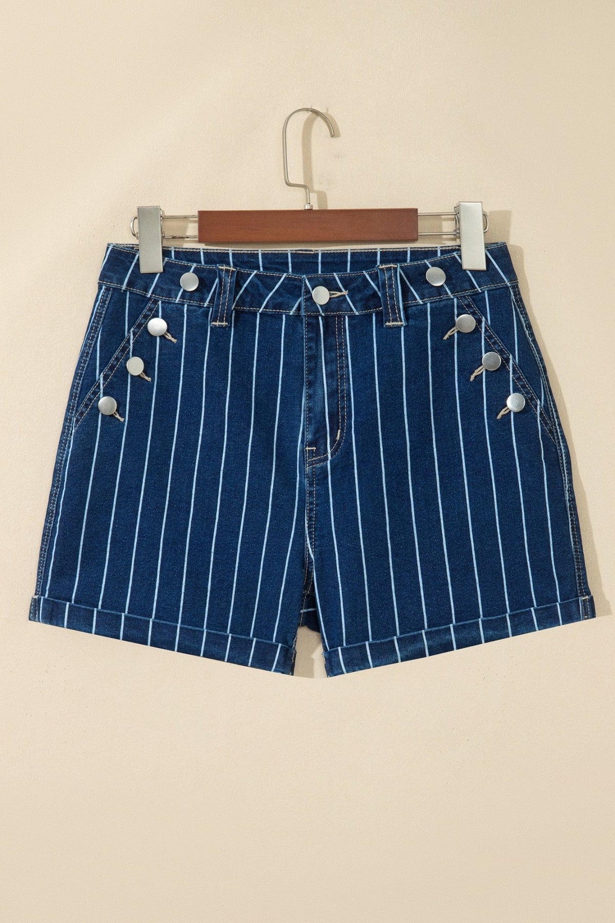 Denim Stripe Metal Button Detail Shorts - Rooted & Reckless Co.
