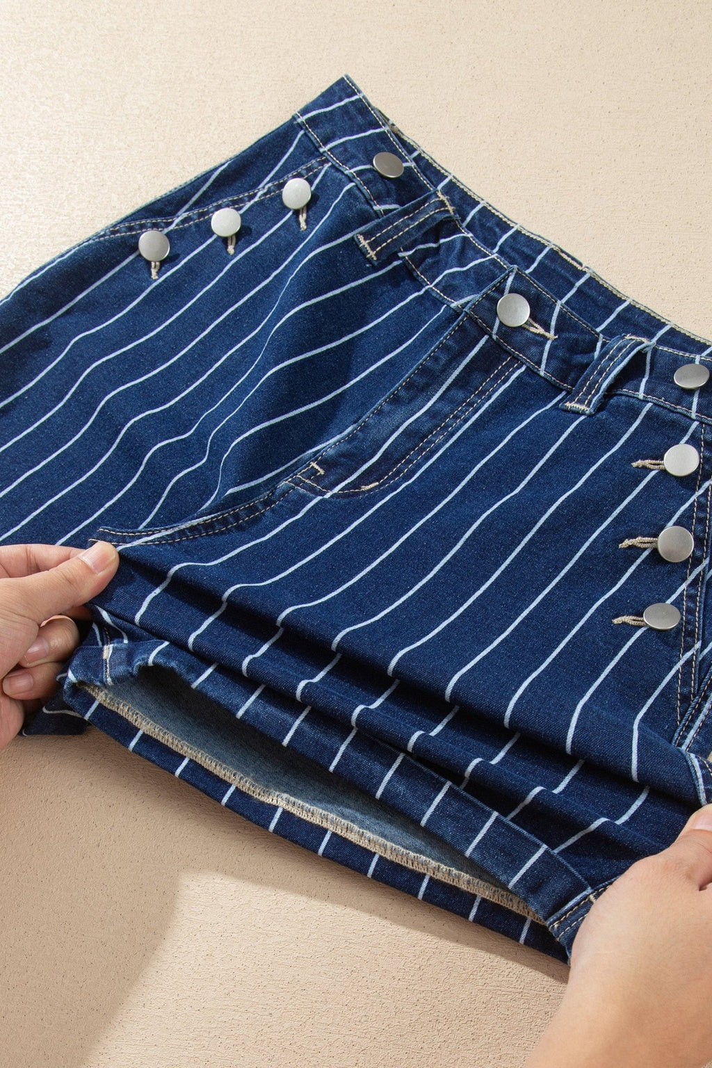 Denim Stripe Metal Button Detail Shorts - Rooted & Reckless Co.