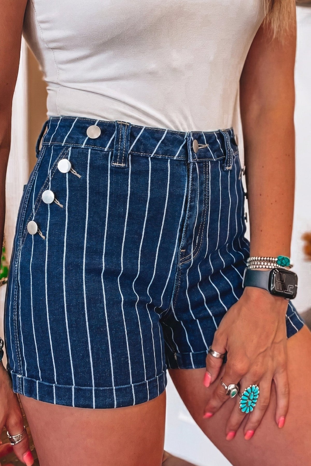 Denim Stripe Metal Button Detail Shorts - Rooted & Reckless Co.
