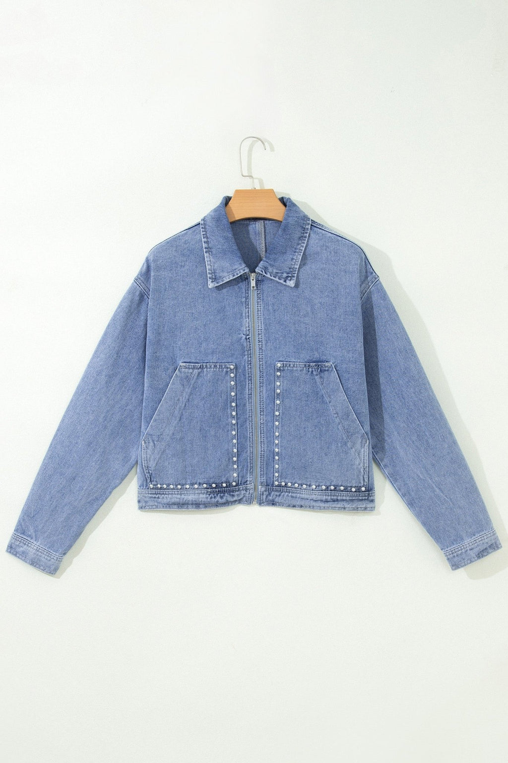Denim Studded Pockets Zip-Up Long Sleeve Jacket - Rooted & Reckless Co.