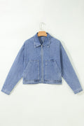 Denim Studded Pockets Zip-Up Long Sleeve Jacket - Rooted & Reckless Co.