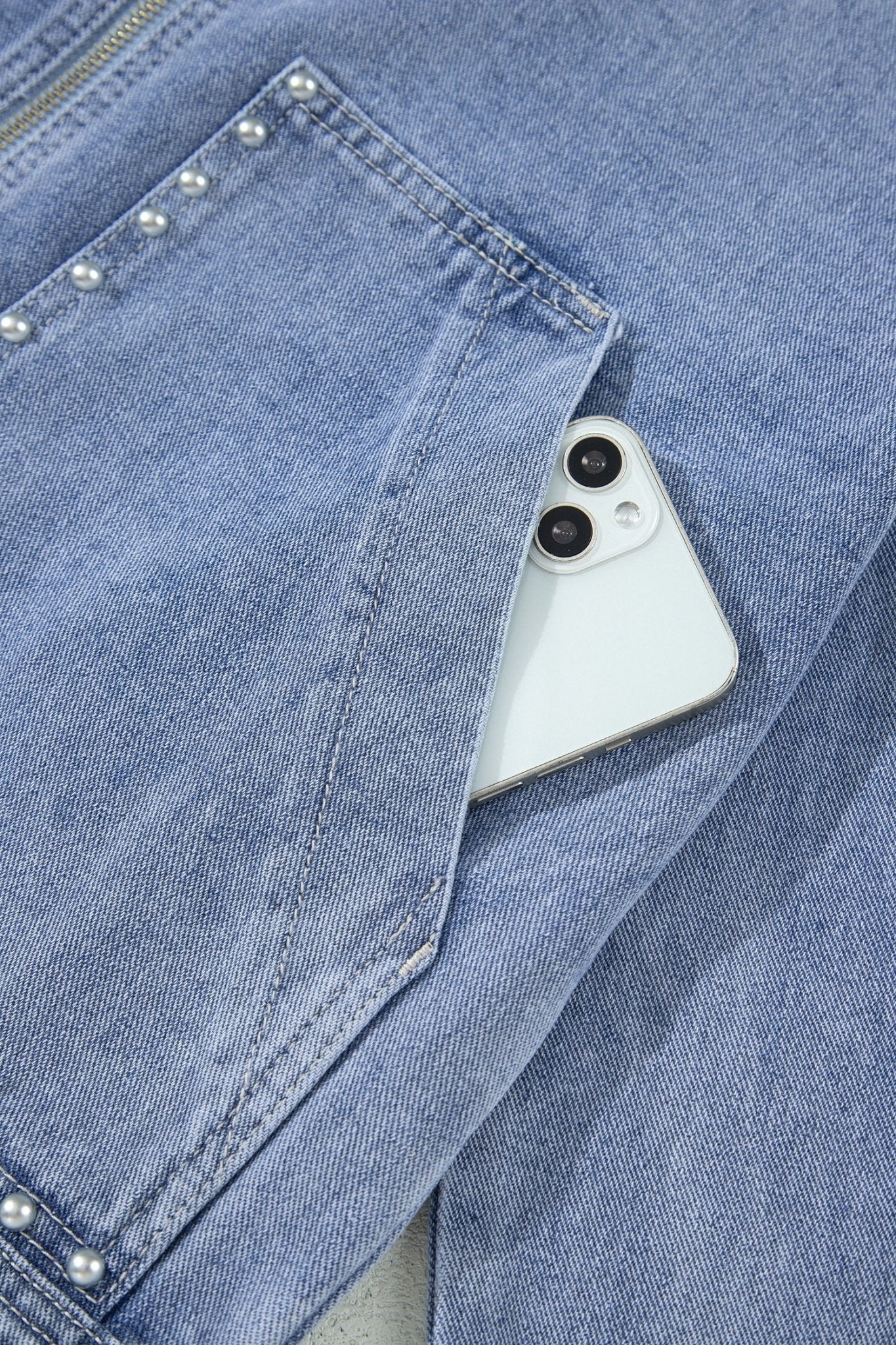 Denim Studded Pockets Zip-Up Long Sleeve Jacket - Rooted & Reckless Co.