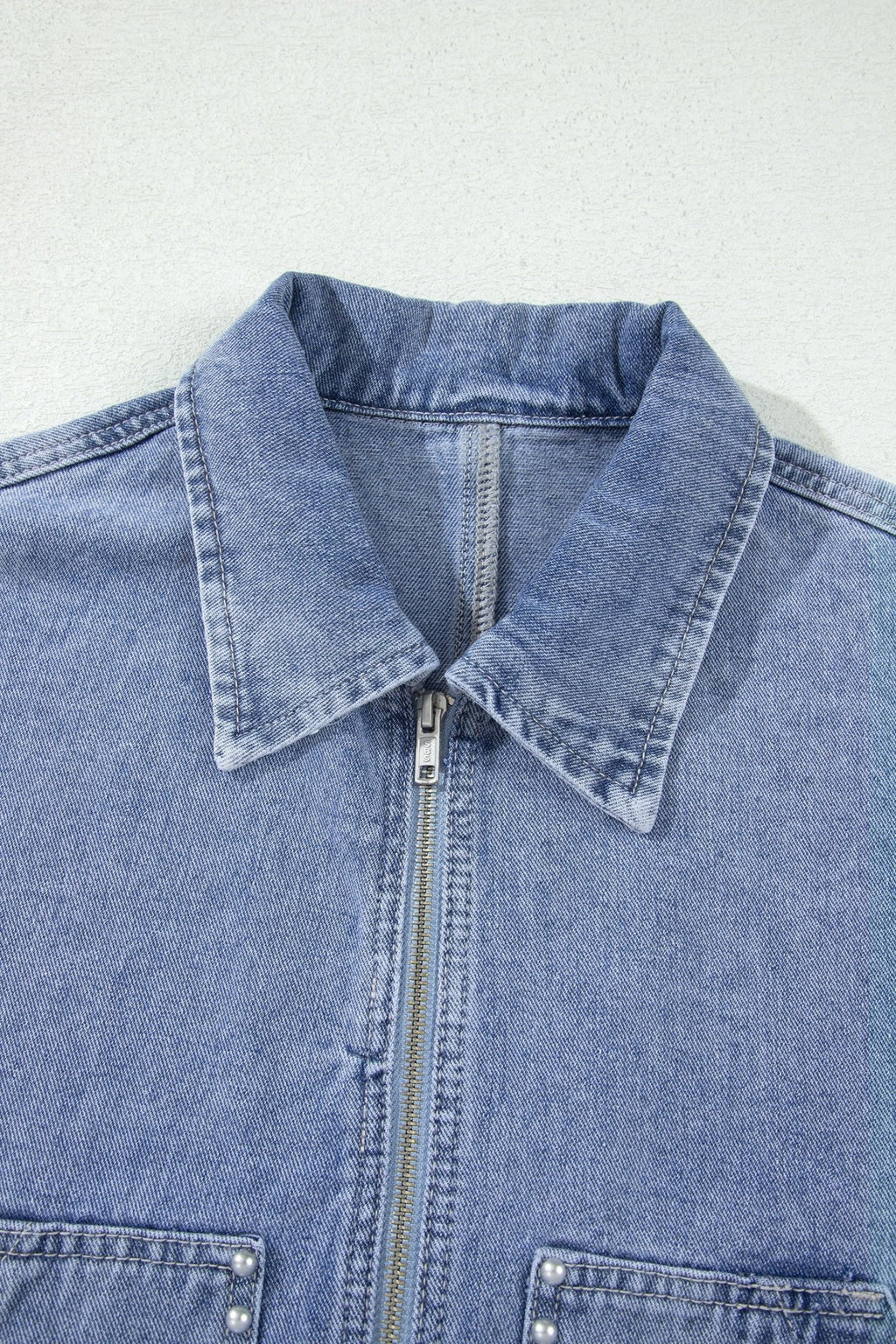 Denim Studded Pockets Zip-Up Long Sleeve Jacket - Rooted & Reckless Co.