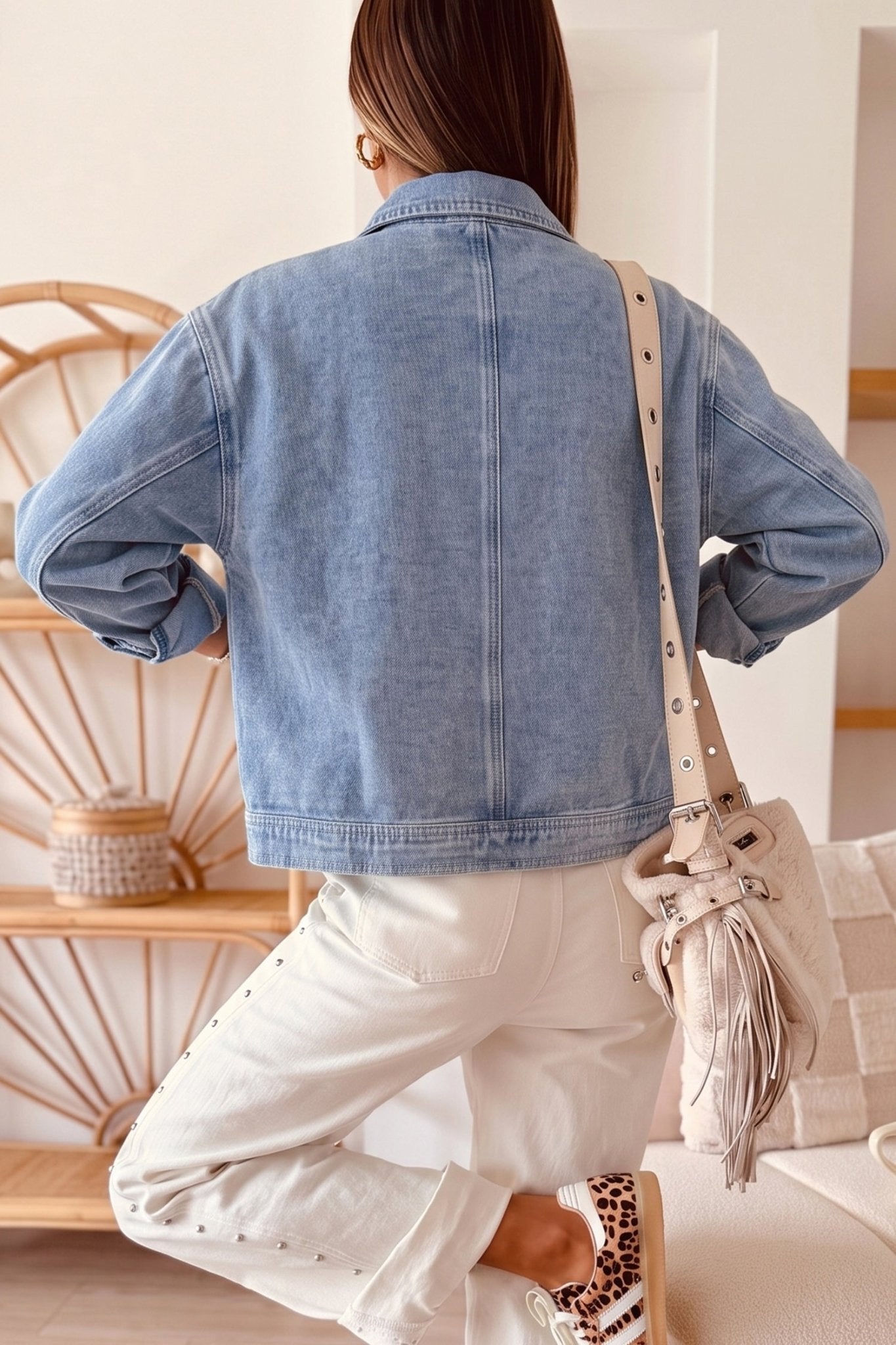 Denim Studded Pockets Zip-Up Long Sleeve Jacket - Rooted & Reckless Co.