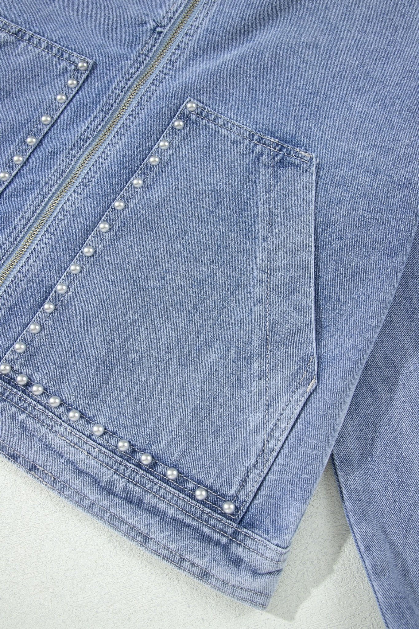 Denim Studded Pockets Zip-Up Long Sleeve Jacket - Rooted & Reckless Co.