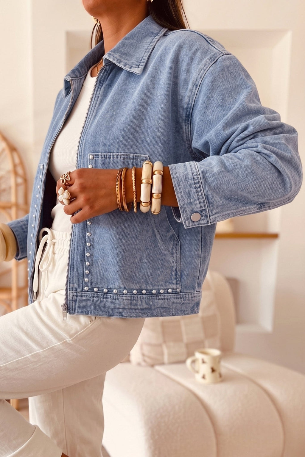 Denim Studded Pockets Zip-Up Long Sleeve Jacket - Rooted & Reckless Co.