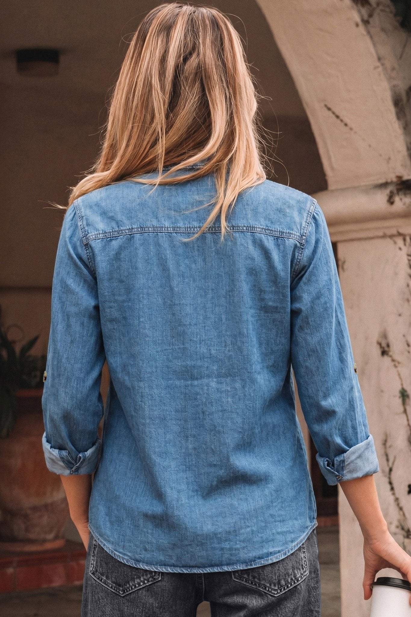 Denim Tab Sleeve Button Down Shirt - Rooted & Reckless Co.