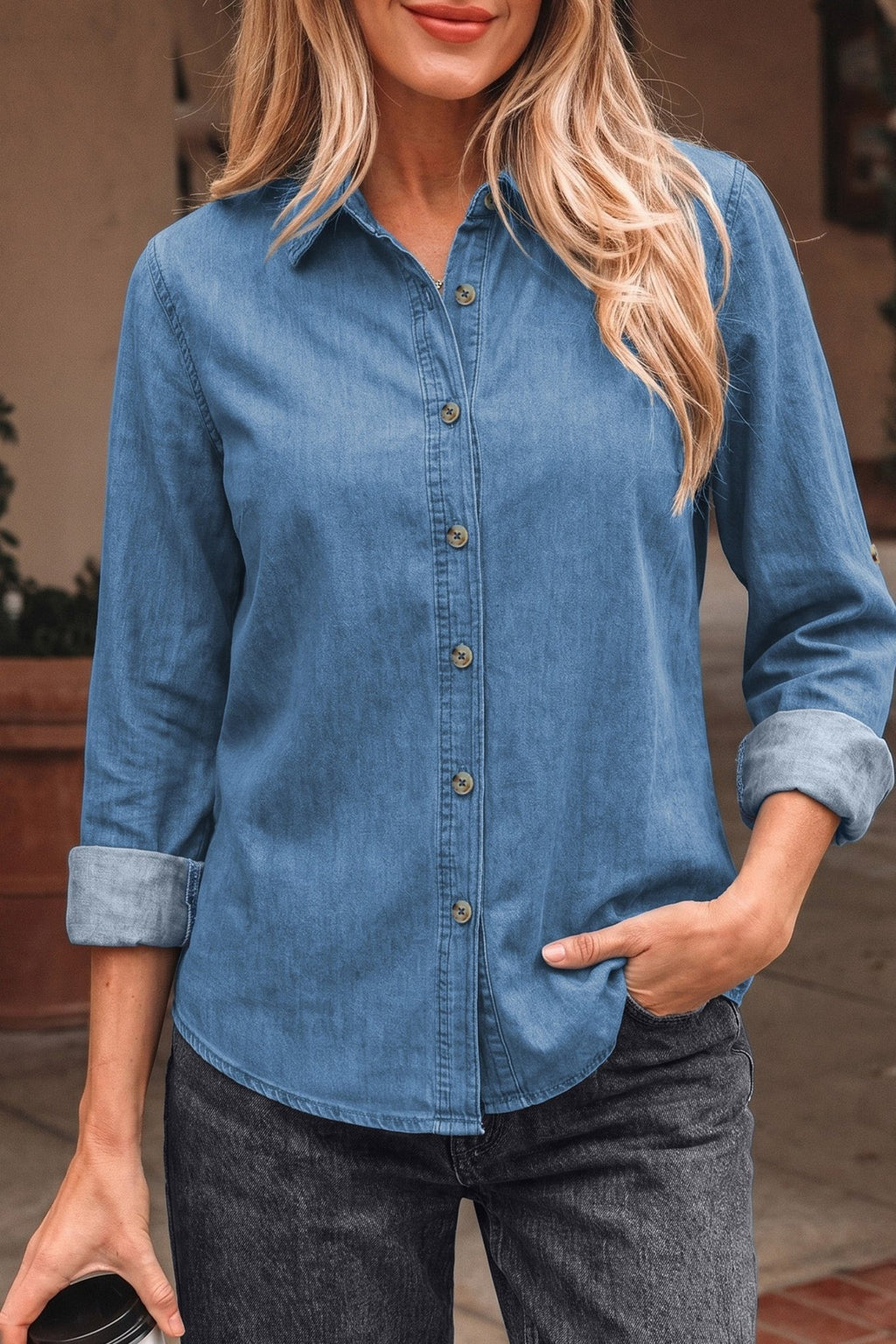 Denim Tab Sleeve Button Down Shirt - Rooted & Reckless Co.