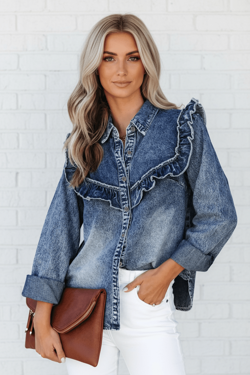 Denim Vintage Wash Ruffle Button-Down Shirt - Rooted & Reckless Co.