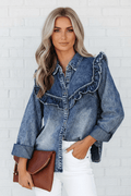 Denim Vintage Wash Ruffle Button-Down Shirt - Rooted & Reckless Co.