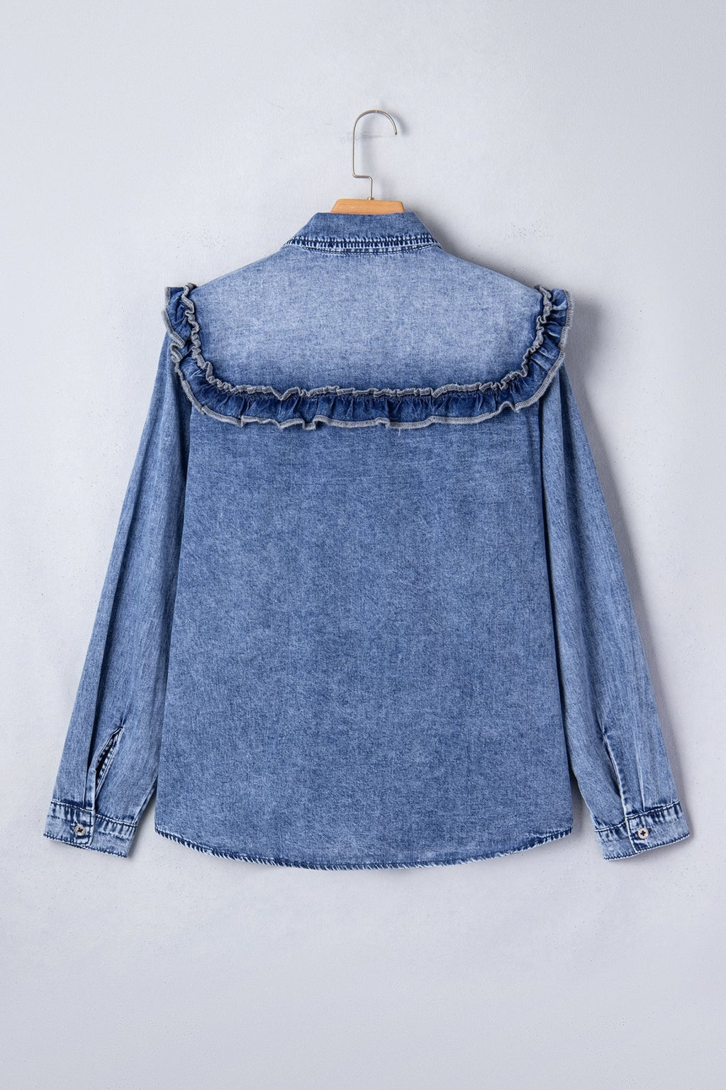 Denim Vintage Wash Ruffle Button-Down Shirt - Rooted & Reckless Co.