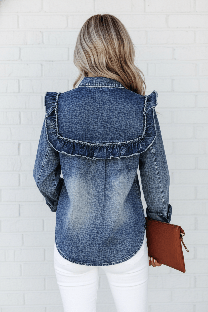 Denim Vintage Wash Ruffle Button-Down Shirt - Rooted & Reckless Co.